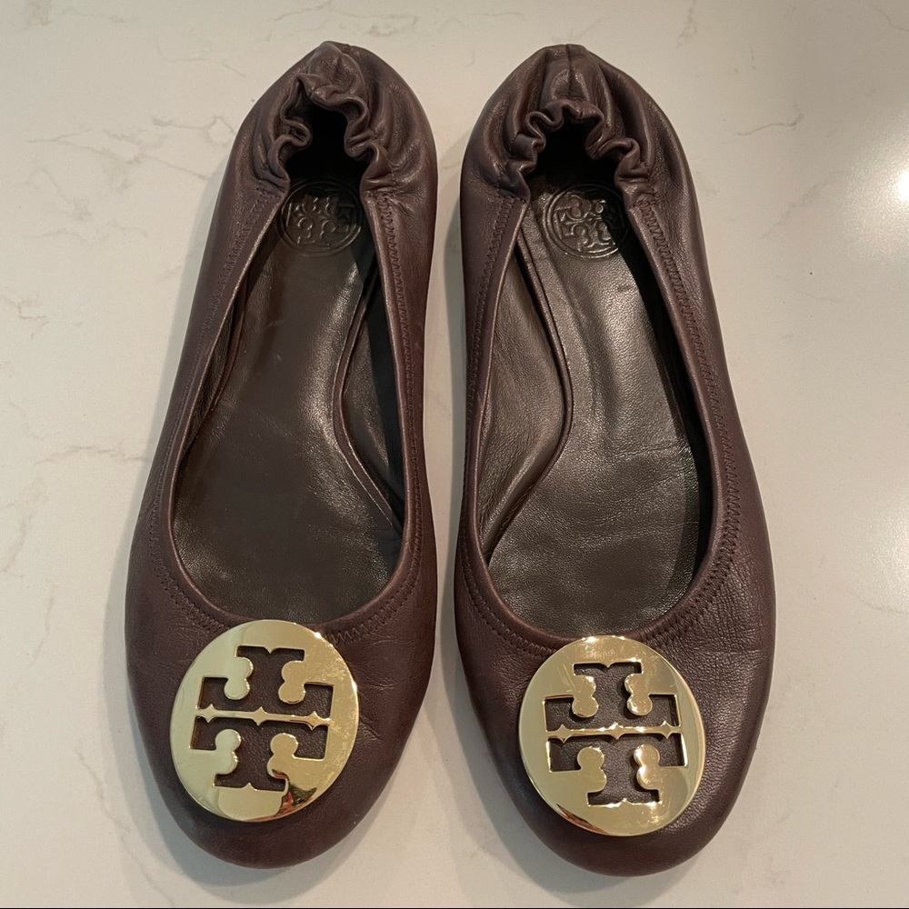 Tory Burch Brown Flats With Gold Logo